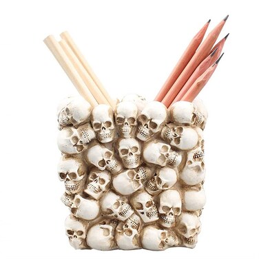 RURAUOGR Skull Pen Pencil Holder Makeup Brush Holder Toothbrush Holder Flower Pot Key Storage Resin Skeleton Home Office Halloween Decor (Beige)