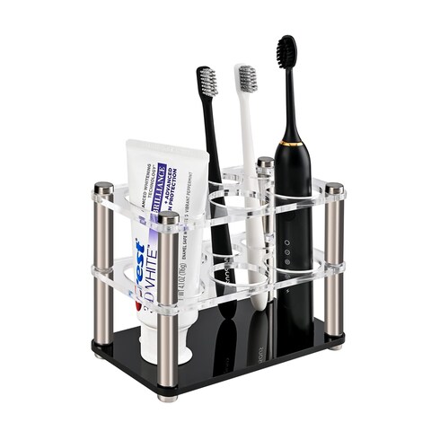 FAIBAEELLY Toothbrush Holders for Bathrooms, Premium Acrylic Electric Toothbrush and Toothpaste Holder, 6 Slot Open Design Stainless Steel Multifunctional Tooth Brushing Organizer, Clear/Black/Silver
