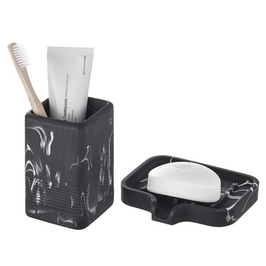 INIUNIK Toothbrush Holder and Soap Dish Set, Resin Toothbrush Cup Bathroom Cup Tumbler Marble Design, Self Draining Bar Soap Holder Shower for Bathroom Holder and Organizer, White
