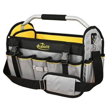 16 Inch Tool Bag, Foldable Open Top Tool Bag Organizer for Easy Tool Access, Water-Resistant Construction, Electrician Tool Bag with Handle &amp; Padded Adjustable Strap, Gray/Yellow