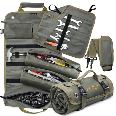 Tool Bags, Heavy Duty Tool Roll Up Bag for Men, Gifts for Men Dad Husband Him, 6-in-1 Detachable Tool Roll Bag with 3 Tool Pouch+1 Wrench Roll+2 Pockets, Compact Tool Box Organizer(Green)