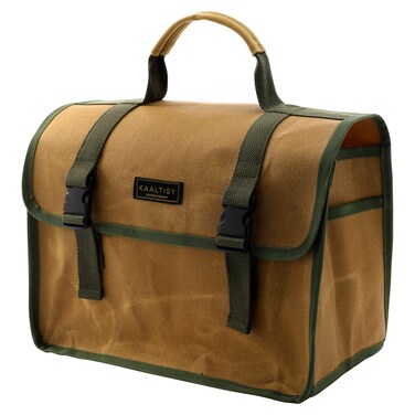 Tool Bag, Heavy Duty 16oz Waxed Canvas Tool Carrier, Multi-Purpose Tote Bag with 1 Large Capacity &amp; 2 Side Pockets, Portable Tool Storage for Wrenches Chisels Scissors Hammer - Khaki