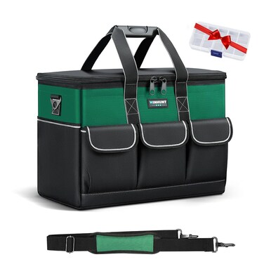 WINHUNT Tool Bag, 14-inch Wide Mouth Tool Storage Organiser, 600 Denier with 6 Interior 8 Exterior Pockets for Home DIY &amp; Equipment Storage, Green and Black (14 inch)