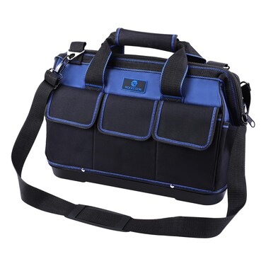 ROCKCOON Tool Bag 16'', Multi-pocket Tool Organizer with Water Proof Plastic Base, Heavy Duty Tote with Shoulder Strap for Tool Storage, Black &amp; Blue