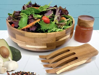 Voce Wooden Salad Bowl Set with Servers and Dressing Jar - Large Acacia Wood Serving Bowl for Salads, Fruits, Pasta, Cereal - Big Salad Bowl with Serving Utensils - Salad Mixing Bowls, 11" D x 4" H