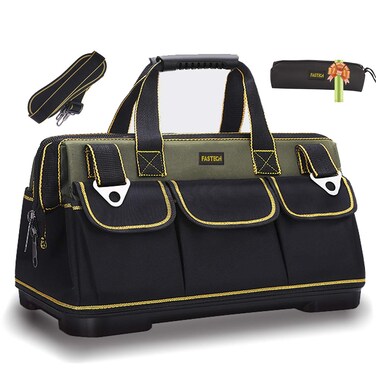 FASTECH 20-inch Wide Mouth Tool Bag with Water Proof Molded Base, Wide Mouth Tool Tote Bag, Waterproof Tool Organizer Bag for Men with Adjustable Shoulder Strap(No Bottom Shell)