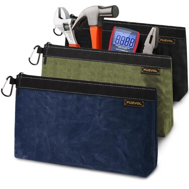 Tool Pouch,Small Tool Bag,12" Tool Pouches with Zipper,Waterproof Heavy Duty Tool Case,3 Pack (waxcanvasBlack/Blue/Olive)