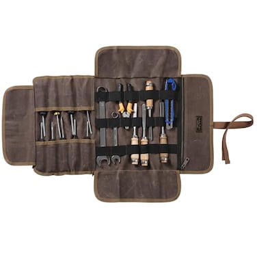 Tool Roll Pouch, Heavy Duty 16OZ Waxed Canvas Tool Bag Roll, Hand Tools Pouch with 1 Zipper Pocket + Elastic Band, Sturdy Tool Storage Roll Bag for Horticulturist Mechanic Handyman - Grey - 24" x 12