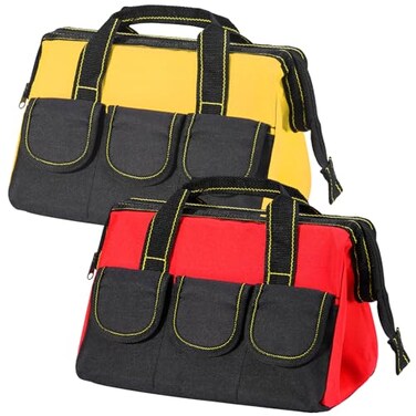 2Pcs Heavy Duty Tool Bag for Men with Waterproof Hard Bottom, Wide Mouth Tool Bag Organizer Multi Pockets Tool Tote for Various Tools (16inch)