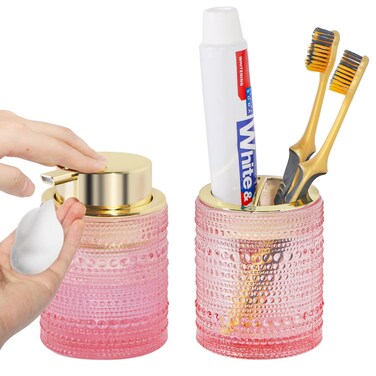 Fvstar Glass Toothbrush Holder,Pink Toothbrush and Toothpaste Holder Set,Refillable Foam Hand Soap Dispenser,Gold Toothbrush Cup Holder for Bathroom Countertop and Vanity