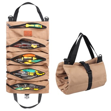 Kosibate Tool Roll up Bag,Rolling Tool Bag, Canvas Wrench Organizer &amp; Tool Pouch, 5 Zippered Tool Pockets - For Electricians Wrench Tool Roll Organizer (Tan)