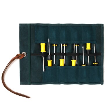 Tool Roll Up Pouch, Heavy Duty 16oz Waxed Canvas Small Tool Roll, Multi-Purpose Chisel Pouch - 10 Pockets &amp; 1 Tie Rope   Dark Green   14"L x 9"W
