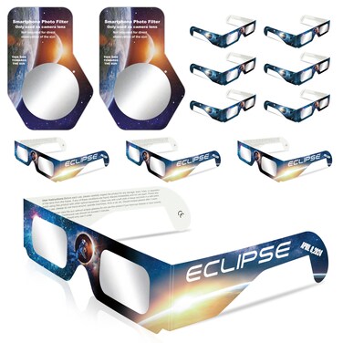 QONBINK Solar Eclipse Glasses Approved 2024, ISO &amp; CE Certified Eclipse Glasses 10 Pack + 2 Smartphone Photo Filter Lens, Safe Shades for Direct Sun Viewing