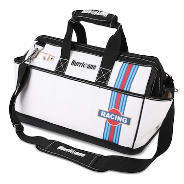 HURRICANE 16 inch Wide Mouth Tool Bag with Water Proof Molded Base with Extra Shoulder Strap, Upgrade Version, Racing theme-White, Multi Pockets, Large Inner Space