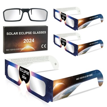 QONBINK Solar Eclipse Glasses Approved 2024, CE and ISO Certified Eclipse Shades for Direct Sun Viewing, (3 Pack + 1 Clip-on Lens)