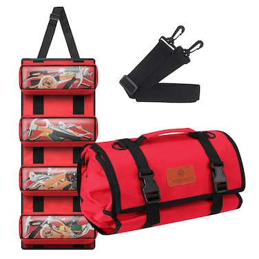 Wessleco Tool Roll, Wrench Roll Up Pouch Canvas Tool Roll up Bag, Multi-Purpose Wrench Tool Organize Storage,Hvac Tool Roll Bag with 4 Pockets(Red)