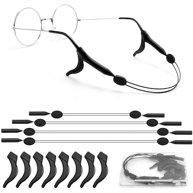 KAJUDA 4Pcs Adjustable Glasses Strap, Glasses Sport Strap Holder Sunglass Retainer, Upgrade No Tail Anti-Slip Eyeglass Straps and Ear Hook 8Pcs for Men Women (Black)
