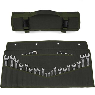 Wrench Roll 32 Pockets, Heavy-Duty 16 oz. Waxed Canvas Wrench Roll Up Bag Holds Wrench Wrap for Metric and SAE Wrenches, Wrench Pouch with Buckles and Handle, Sturdy Wrench Tool roll - (Army Green)