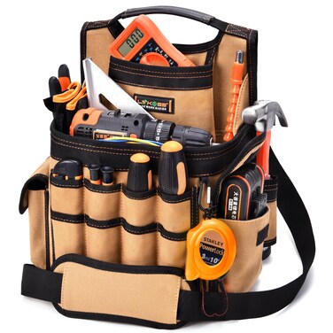 Tool Belt Bag   LOKASS Canvas Electrician Tool Pouch   23 Pockets&amp;Loops for Tool Organizer   Utility Pouch with Adjustable Belt and Shoulder Strap for Men/Women/Carpenter/Electricians/Constructors