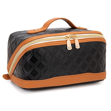 Viverte Travel Makeup Bag Large Capacity Cosmetic Bag for Women PU Leather Checkered Open Flat Toiletry Bag Make Up Organizer Bags with Handle and Divider (Black with Brown)