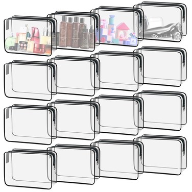 YedsIntu 16 Pack Clear Makeup Bags, Waterproof Clear Cosmetic Bag TSA Approved Toiletry Bag, Portable Travel Clear Pouch with Zipper, Vinyl Plastic Organizer Storage for Men and Women (Black-L)
