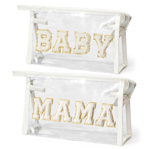 EZdhuawuse Mother&#39;s Day Cosmetic Bags - 2 Valentine&#39;s Day Preppy Patch White MAMA BABY Chenille Varsity Letter Clear Toiletry Bag Aesthetic Waterproof Portable Makeup Bag Clutch Purse for Mom Daughter