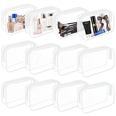 12 Pieces Clear Cosmetics Bag Bulk, TSA Approved Toiletry Bag for Travel, PVC Zippered Clear Pouch Cosmetic Makeup Bag Waterproof Vinyl Plastic Organizer Case for Vacation Bathroom (White Medium)