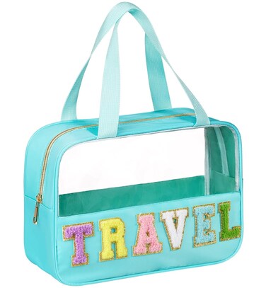 BuyCard Chenille Letter Patch Clear Travel Bags, Preppy PVC&amp;Nylon Makeup Bag with Handle and Zipper, Waterproof Large Clear Travel Toiletry Bag Storage Bag for Women Girls(Blue-Green)