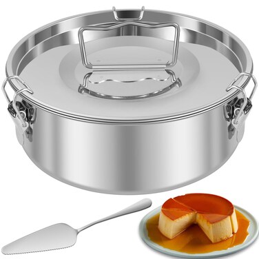Flan Mold with Lid, 7.5inch Flan Mold with Handle, Stainless Steel Flan Pan Mold, 1.5Qt Round Flan Maker with Spatula, Portable Flan Baking Pan for 6-8qt Fast Pot Making Cheesecake Cupcake Pudding