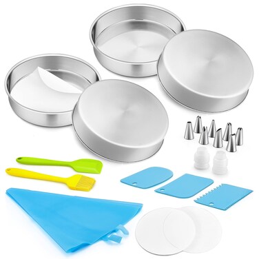 E-far 6 Inch Cake Pans Set of 4, Stainless Steel Round Baking Cake Pan Tins with Decorating Supplie Including Parchment Paper Icing Tips Spatula Scrapper, Non-toxic &amp; Healthy, Dishwasher Safe