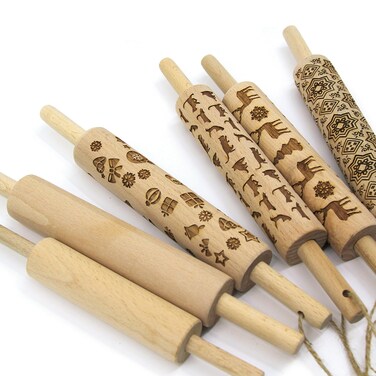 Child-size Wooden Rolling Pins Pack of 6 Laser Engraved Rolling Pins Cat Christmas Flower Patterns