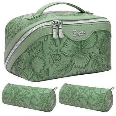 Travel Makeup Bags Cosmetic Organizer Bag: 3-Set Large Capacity Make up Bag - PU Leather Toiletry Bag for Women - Wide Open Portable Pouch with Divider &amp; Handle (03-Green-2)