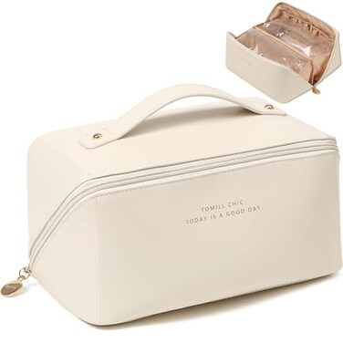 Travel Open Flat Makeup Bag, Large Capacity Travel Cosmetic Bag for Women, Portable Cosmetic Pouch PU Leather Waterproof Open Flat Travel Toiletry Bag Make up Organizer Bag with Divider and Handle