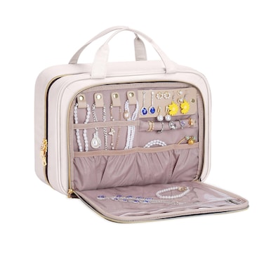 BALULHG Hanging Hook Toiletry Bag with Jewelry Compartment Full-Sized Toiletries and Cosmetics For Travel, Makeup, Organizer, Women, Beige