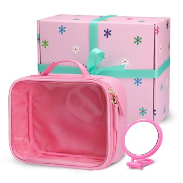 Joyribbon Clear Makeup Bag - Pink Cosmetic Bag, Travel Toiletry Bag, Cute Makeup Pouch, Transparent Travel Case, Waterproof and Quart Size Bag, Best Gift for Girls, Teens, Women