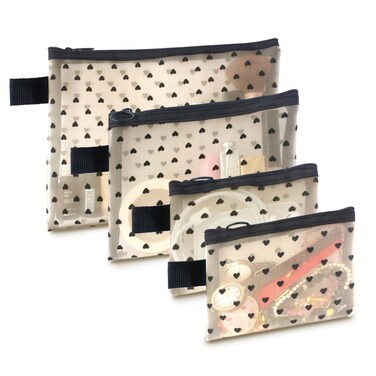 TRAKWAN 4-Piece Heart Printed Mesh Makeup Bag Set, Portable Travel Mesh Cosmetic Bags Toiletry Bags Makeup Purse Bags Mesh Zipper Storage Pouches for Home Offices Travel Accessories (Beige)
