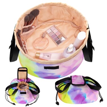Large Barrel Drawstring Makeup Bag,Travel Makeup Bag,Portable Cosmetic Bag Make Up Organizer Bag for Travel Accessories Essentials and Hair Product,Gifts for Women Girls(Tie Dye Blue)