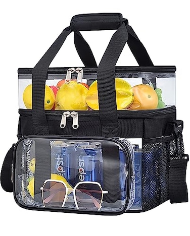 Jeluno Clear Lunch Bag - Large Clear Lunch Bag for Work Double-Deck Reusable Lunch Bag with Adjustable Strap, Front Pocket and Top Compartment for Picnic, Beach, Work, School&iuml;&frac14;&circ;3-6 People Use&iuml;&frac14;&permil;