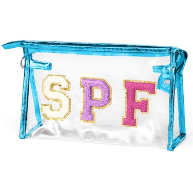 AsodSway Preppy Patch Cosmetic Bag - Summer Blue SPF Chenille Varsity Letter Clear Toiletry Bag Aesthetic Waterproof Portable Makeup Bag Transparent PVC Zipper Clutch Purse Beach Bag for Women Girls