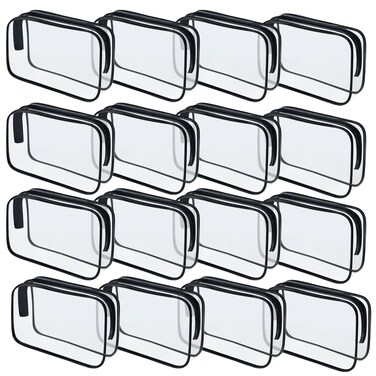 16 Pieces Clear Makeup Bags Bulk, TSA Approved Toiletry Bag for Travel, PVC Waterproof Travel Pouches Clear Pouch with Zipper for Men and Women Carry-on Travel Essentials Cosmetic Bags (Black-M)