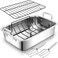 Hillbond Stainless Steel Roasting Pan with Rack 16 Inch Turkey Roaster Pan with U-Shaped Rack Flat Rack Turkey Lifting Forks for Turkey, Chicken, Vegetables Set of 5