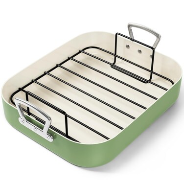 MICHELANGELO Nonstick Ceramic Roasting Pan with Rack, Turkey Roasting Pan with Ceramic Coating, Turkey Roaster Pan with Stainless Steel Rack, 15 Inch x 13 Inch - Green