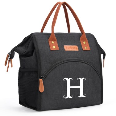 Initial Lunch Bag for Women Ladies Reusable Insulated Lunch Box Adult Wide-Open Lunch Tote Bag Large Freezable Cooler Bag for Work, Travel, Picnic Personalized Gifts for Women/Teacher