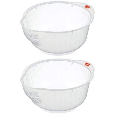 Inomata Japanese Rice Washing Bowl with Side and Bottom Drainers, Clear Limited Edition (Pack of 2)