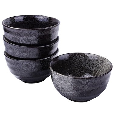 Swlthwen Japanese Porcelain Rice Bowl Set of 4, Black Ceramic Sauce Bowls Sushi Bowls for Soup Cereal Ota Sushi Rice