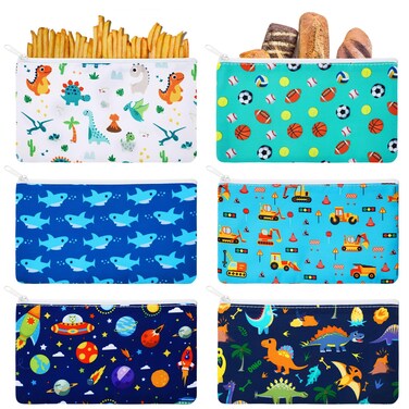 6 Pieces Reusable Snack Bags Kids Food Safety for School Boys Washable Sandwich Bags with Zipper Cartoon Lunch Pouch, 7 x 4 Inch, 6 Styles(Classic)