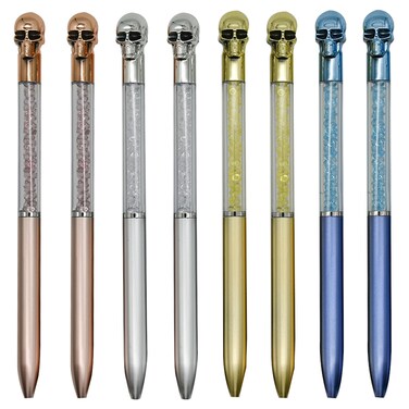 Maydahui 12 PCS Halloween Pen Skull Heads Shape Ballpoint Pens Retractable Bling Rhinestones Pen Colorful Crystal Quicksand Pens Black Ink for School Party Home