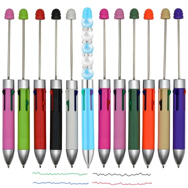 Maydahui 12 PCS Multicolour Beadable Ballpoint Pens Retractable 4 in 1 Colored Bead Pen Plastic DIY Pens Cool Shaft Beaded Pen for DIY Making School Party Office (Beads Not Included)