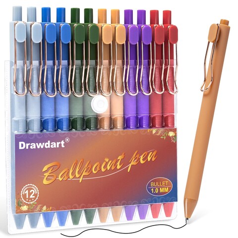 Drawdart Pens Ballpoint, 12 Pcs Smooth Writing Pens, Ball Point Pens Black Ink Medium Point (1.0mm), Retractable Pretty Journaling Pens School Office Supplies for Women &amp; Men