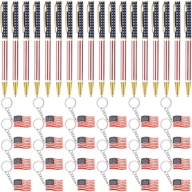 48 Pcs Independence Day Metal Ballpoint Pens American Flag Keychain Set Gold Retractable School Pens USA Flag Key Chains Office School Patriotic 4th of July Party Favors for Veterans Day